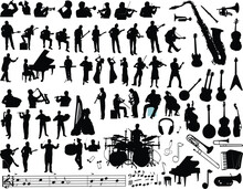 Vector Silhouettes Of Musicians, Music Instruments And Symbols
