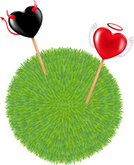 Sticker - Two lollipops with heart shape like a devil and angel in a Ball of Green Grass