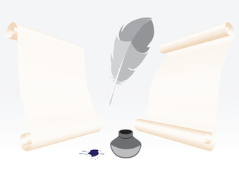 Paper backgrounds and feather for writing with ink in inkwell