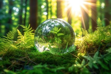 Wall Mural - Crystal earth on green grass forest with sunlight. Save the World, earth day, ecology concept.