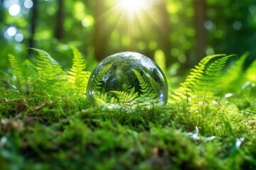 Wall Mural - Crystal earth on green grass forest with sunlight. Save the World, earth day, ecology concept.