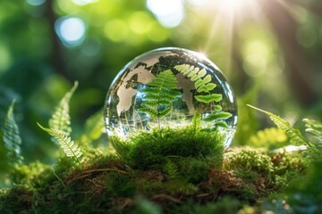 Wall Mural - Crystal earth on green grass forest with sunlight. Save the World, earth day, ecology concept.
