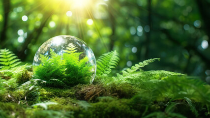 Wall Mural - Crystal earth on green grass forest with sunlight. Save the World, earth day, ecology concept.