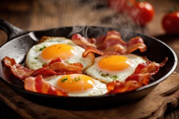 Composition with tasty fried eggs and bacon on wooden table with copy space.