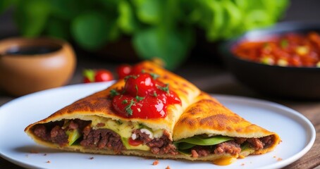 Wall Mural - Egg martabak filled with minced meat and vegetables with spicy sauce