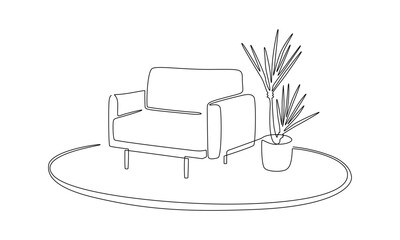 Poster - One continuous Line drawing of armchair and potted plant on carpet. Stylish furniture for living and office room interior in simple linear style. Editable stroke. Doodle Vector illustration