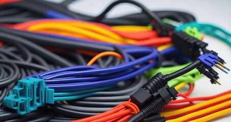 Colorful wire harness and plastic connectors for vehicles, automotive industry and manufacturing.