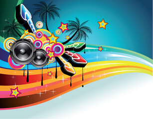 Tropical Disco Dance Background with music and fantasy design elements