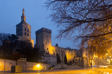Greatest Gothic Palace Of Popes In Night Lights, Avignon, France