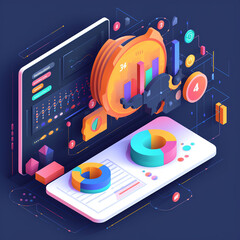 Generative AI Realistic web page with dashboard for business and digital marketing concept. Data analytics, dashboard and app management. 3D Vector Illustrations.