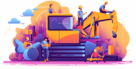Fototapete - Generative AI Website construction, web design concept illustration in flat style. People working on website. Characters doing various tasks, teamwork.