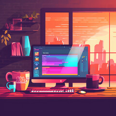 Generative AI Programming flat style illustration with computer, coding books, calculator, coffee cup, notebook. Design template for business and education