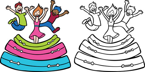 Wall Mural - Cartoon image of kids bouncing on air mattresses - both color and black / white versions.