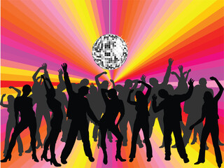 Poster - vector illustration of young people silhouettes on an abstract disco background with silver mirrow ball