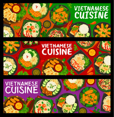 Sticker - Vietnamese cuisine meals horizontal banners. Beef and chicken rice noodles, caramelized pork and fish in tomato sauce, wheat noodles with prawns and rice with shrimps, pork and beef spring rolls