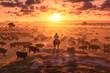 Australian outback landscape with man on horse herding cattle along a dusty paddock at sunset.  Generative AI