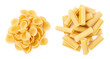 two types of Italian pasta / noodles isolated over a transparent background, a heap or group of 