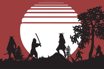 Samurai silhouette moon cartoon illustration