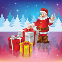 Wall Mural - Santa Claus with christmas gifts on a woods background