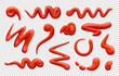 Ketchup sauce stains and splashes. Tomato hot sauce, red paint or ketchup isolated vector smudges. Spicy gravy paste, BBQ chili condiment realistic strokes, swirl splat, spill stripes set