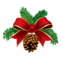 Canvas Print - Christmas pine twigs with red ribbon and pine cone. Vector Illustration