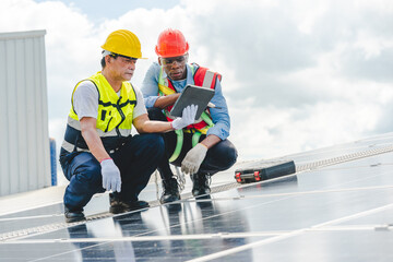 Wall Mural - Engineer technician team using laptop checking and operating system on rooftop of plant farm, Renewable energy source for electricity and power, Solar cell panel maintenance service concept