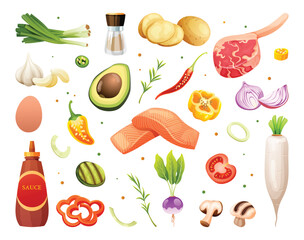 Wall Mural - Set of fresh meats, vegetables and herbs illustration. Healthy food ingredients vector cartoon