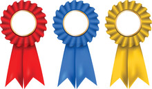 A Collection Of Red, Blue And Gold Rosettes