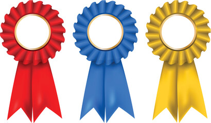 a collection of red, blue and gold rosettes