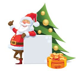 Sticker - Santa Claus advertising with blank poster and christmas tree