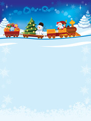 Sticker - Santa Claus in a toy train with gifts, snowman and christmas tree.