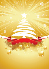 Poster - gold shining chritmas card with christmas tree and red banner