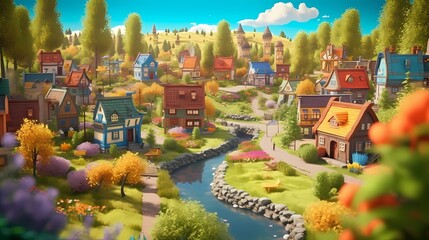 Canvas Print - Fairy Town. Cartoon style scene. Cute and Cozy Neighborhood. Drawing Painting Illustration. Generative AI.