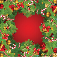 Wall Mural - christmas background with baubles and christmas tree. Vector frame with green fir