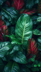 Wall Mural - foliage background, green and red leaf pattern, generative ai