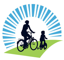 Poster - Mother and child cycling on a summer trip.