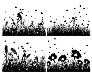 Poster - Set of four vector grass silhouettes backgrounds