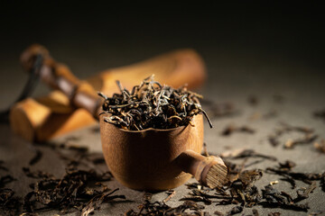 Poster - tea utensils and dried leaf tea	