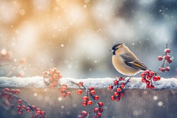 Poster - bird perched on a branch with ripe berries Generative AI