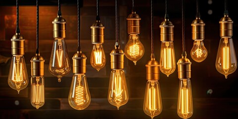 Decorative antique Edison style light bulbs, different shapes of retro lamps on dark background. Interior design decoration details. Set of vintage glowing light bulbs, loft interior. Steampunk.