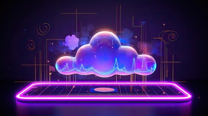 Wall Mural - Technology cell phone emoji cloud. Storm of thoughts and ideas. Brainstorm. Neon lights and computer data.