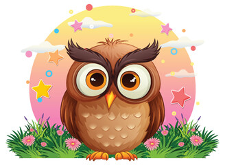 Sticker - Cute owl cartoon character at the garden cartoon