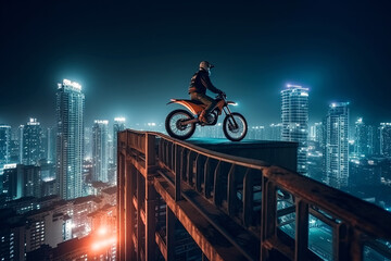 motorcyclist racer on sports motorcycle on roof of skyscraper at night. Generative AI