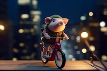 Pig On A Bicycle Rides On Roof Of A Skyscraper At Night. Generative AI Illustration
