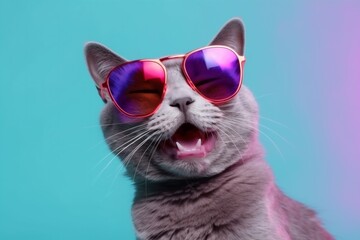 Wall Mural - sunglasses cat pet cute neon fashion portrait colourful funny animal. Generative AI.