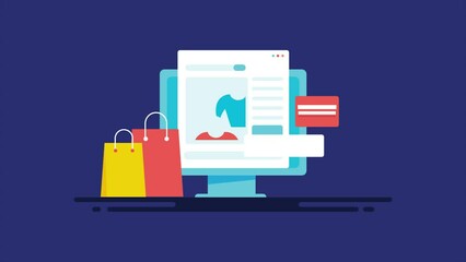 Wall Mural - ecommerce product browsing add to cart and payment checkout with credit card, computer and shopping 