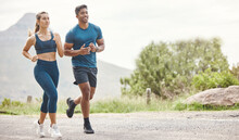 Running, Mountain Road And Couple Of Friends Training For Sports And Health Outdoor. Fitness, Workout And Sport Run Of Young Runner People Together On A Street With Athlete Exercise And Race Cardio
