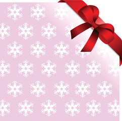 Sticker - Snowflakes pink background with red ribbon and bow. Place for copy/text.