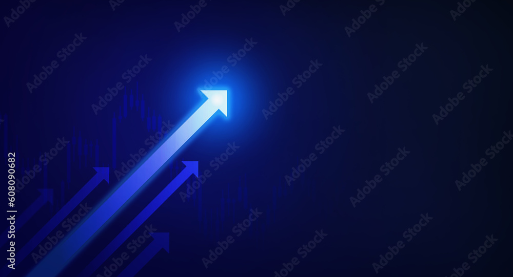 Glowing white arrows rise up on stock chart, dark blue background with ...