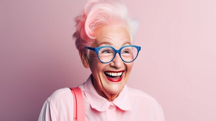 Modern senior woman in stylish pink clothes with pink hair and big glasses, Barbicor style, looks at the camera and laughs Generative AI